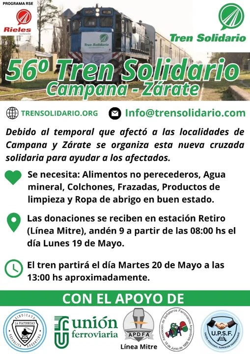 Un nuevo Tren Solidario va rumbo a Zárate y Campana con donaciones para los afectados por el&nbsp;temporal