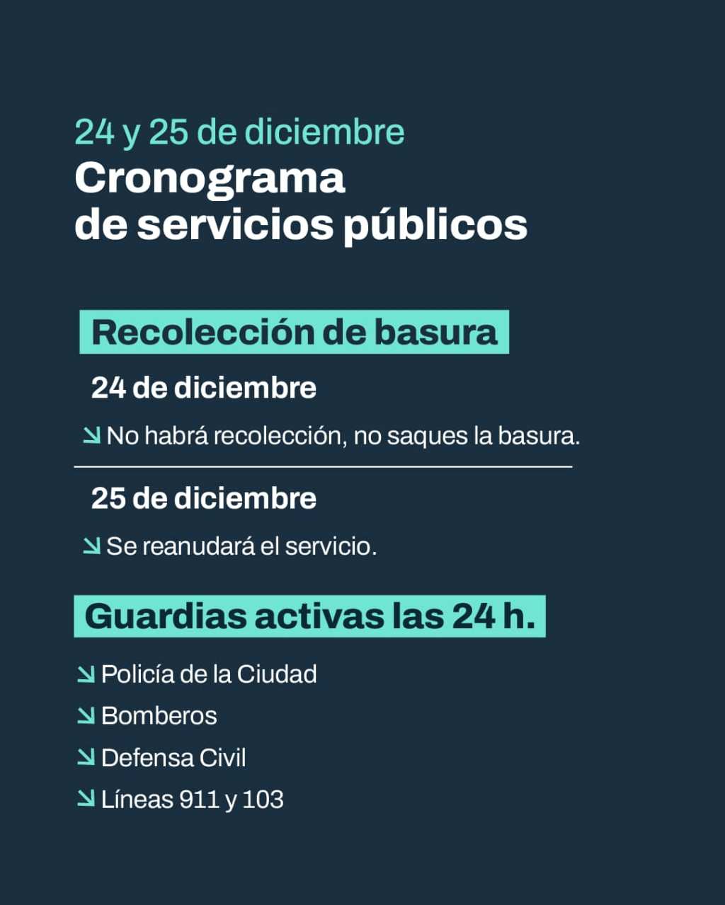Cronograma de servicios públicos para el 24 y 25 de&nbsp;diciembre